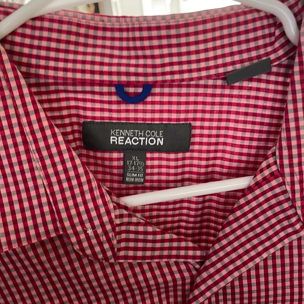 Kenneth Cole Casual/ dress shirt button down- Red gray and pink checkered